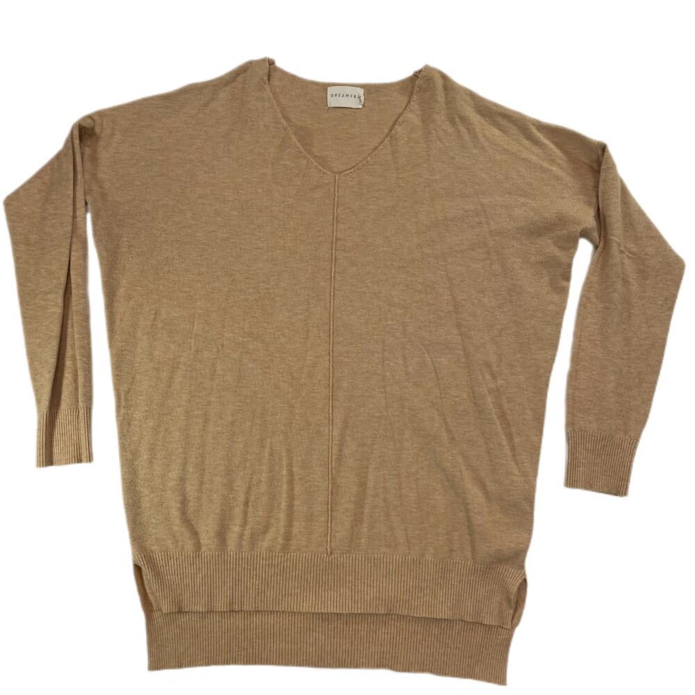 Dreamers by Debut V-Neck Oversized Sweater Tan Camel Dolman Sleeve S/M Women